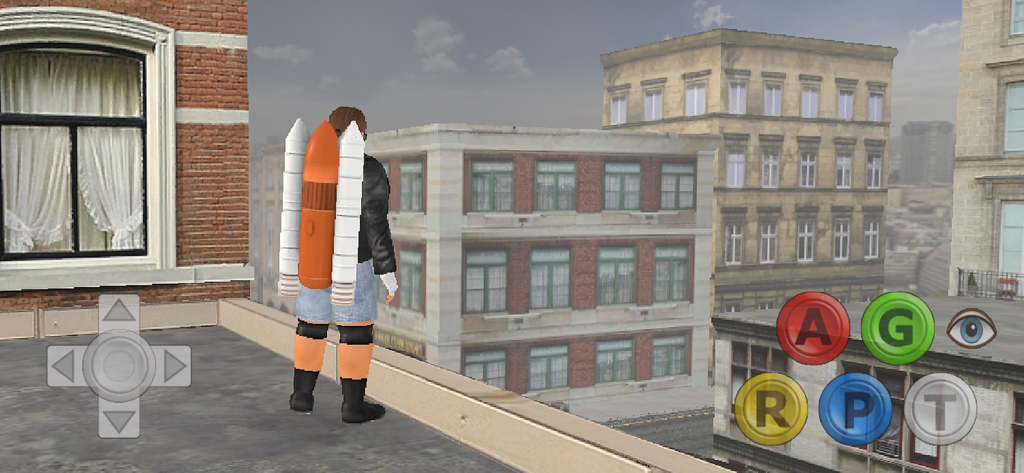 Infinite Lives - Un personaje con un jetpack cohete se para en la azotea de un juego sandbox de ciudad.