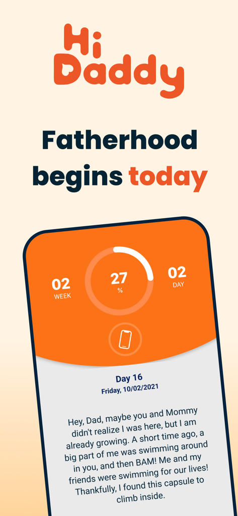 HiDaddy app interface showing pregnancy progress and daily baby messages for fathers
