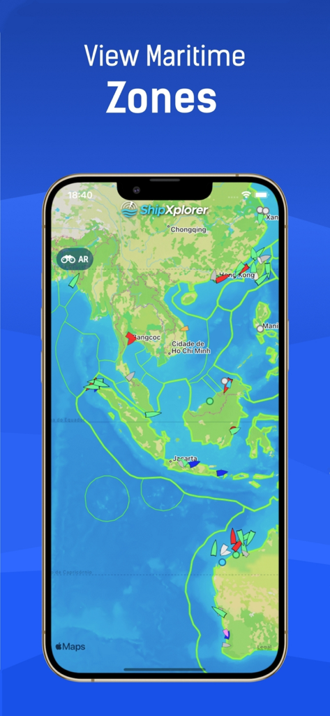 ShipXplorer 앱 인터페이스에 글로벌 지도 상의 실시간 선박 추적 및 해상 구역 경계가 표시됨