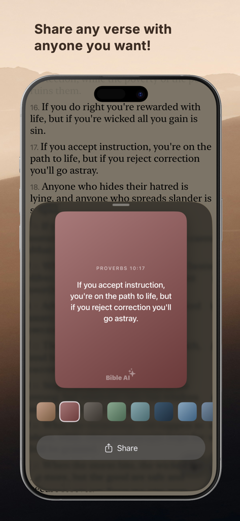 Interface de l'application Bible AI montrant une image personnalisée partageable pour Proverbes 10:17 avec diverses options de thème de couleur