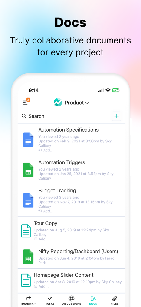 Nifty: Manage Projects & Tasks - Nifty app collaborative documents list view showing various project files