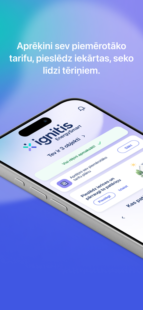 Iphone screen showing the Ignitis EnergySmart app dashboard for energy management