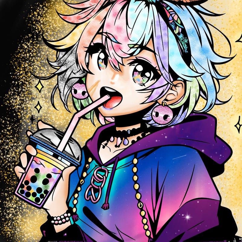 hot baddie anime girl drinking boba and biting the straw