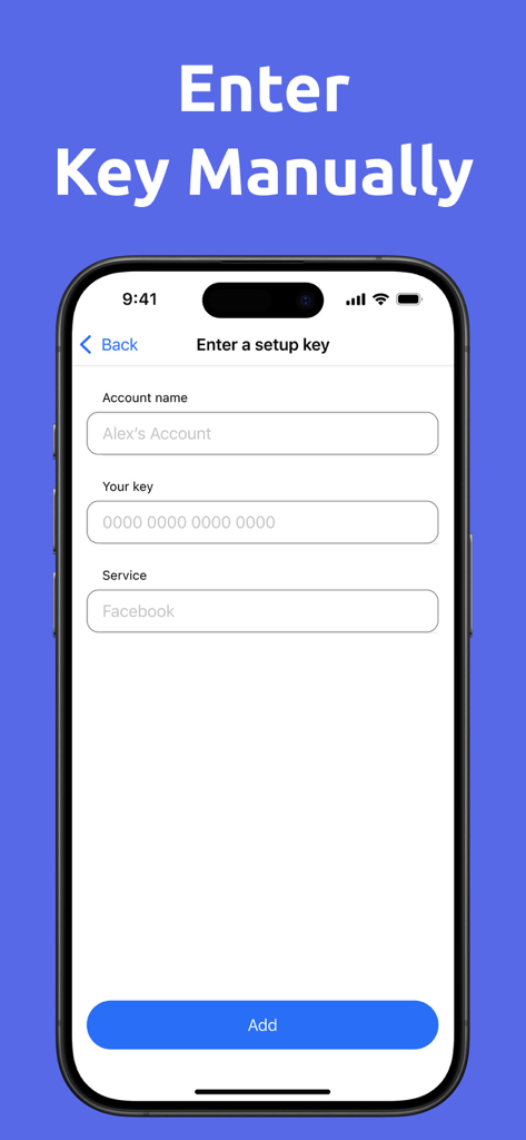 A mobile interface for manually entering a 2FA setup key including fields for account name, key, and service name.
