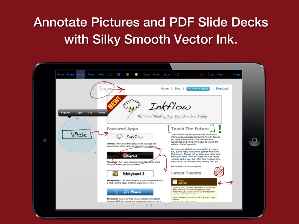 Vittle Pro Video Whiteboard - An iPad screen displaying the Vittle Pro app being used to annotate a PDF document with smooth digital ink