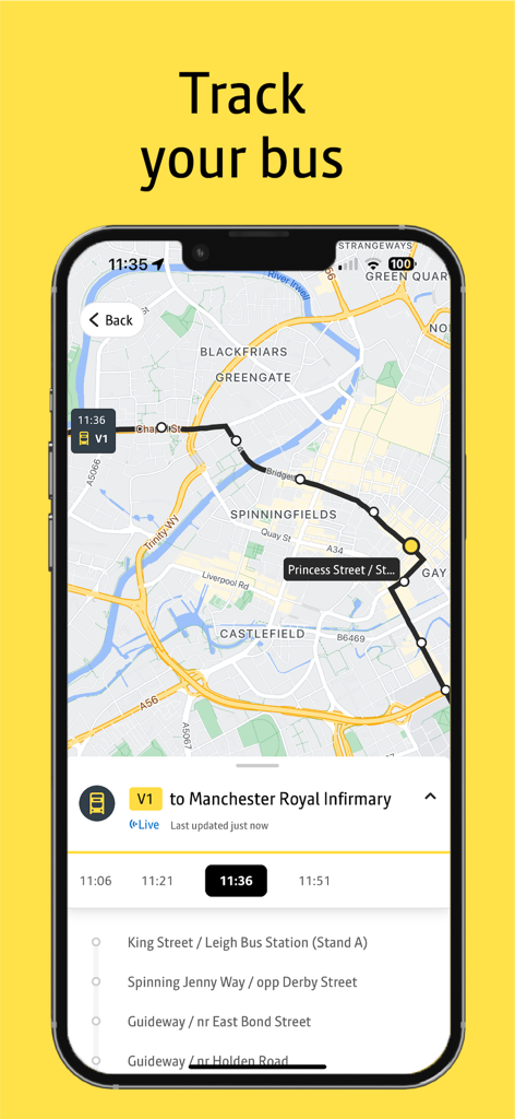 Bee Network - Ecrã da aplicação Bee Network mostrando rastreamento de autocarros ao vivo num mapa de Manchester