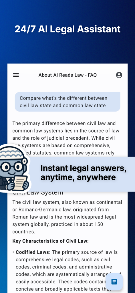 AI Reads Law: Legal Assistant - AI Reads Lawアプリのチャットインターフェースのスクリーンショット。AIが民法とコモンローの違いを説明しています。