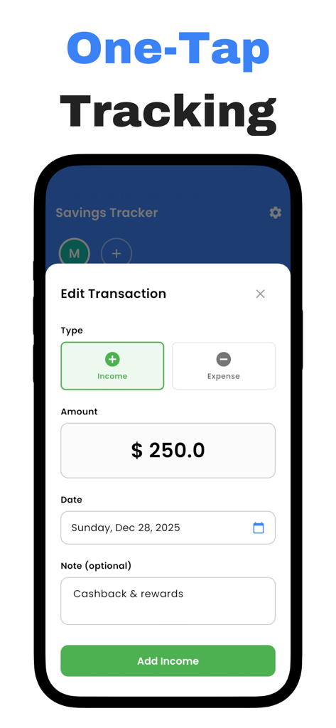 Savings Tracker - Savekit - Écran de l'application mobile Savekit montrant un formulaire de saisie rapide des revenus avec des champs simples