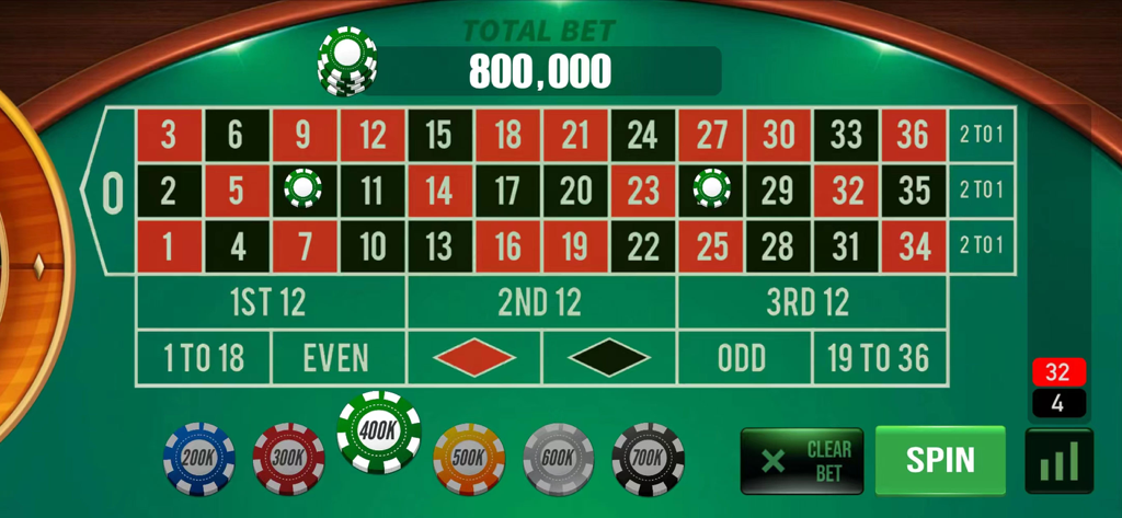 Roulette Vegas - Casino Games - A roulette table interface showing placed chips a total bet of 800000 and the spin button