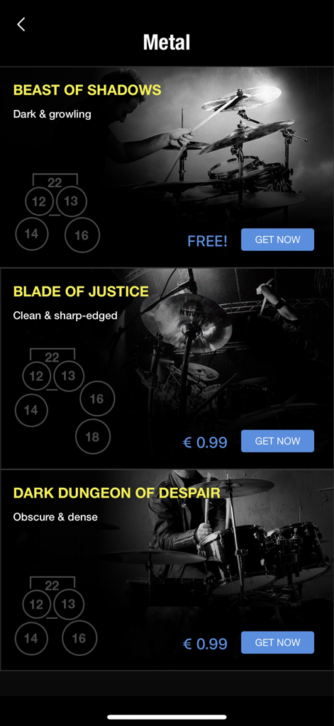 Drumtune PRO | Drum Tuner - A selection of metal music drum tuning presets in the Drumtune PRO app interface.