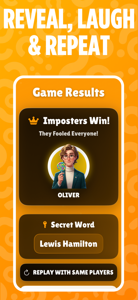 Screenshot of the game results screen in CapIt showing the imposters won and the secret word was Lewis Hamilton.