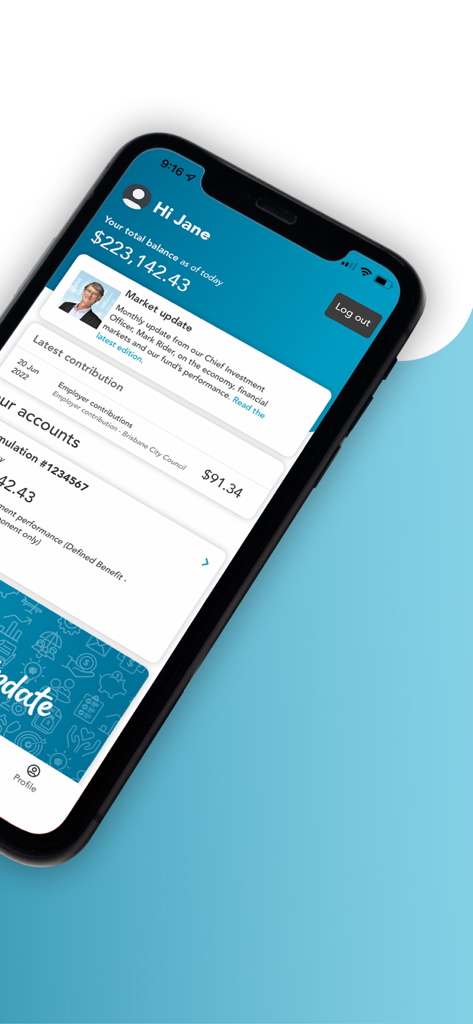 Brighter Super - Brighter Super mobile app dashboard displaying account balance and latest employer contributions on a smartphone screen.