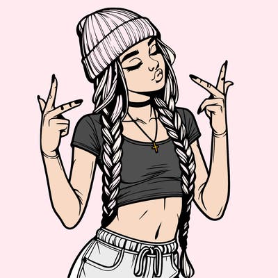 realistic teenage girl with braids and a beanie and crop top doing 🫶🏼