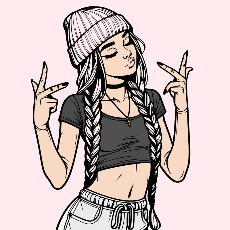 realistic teenage girl with braids and a beanie and crop top doing 🫶🏼