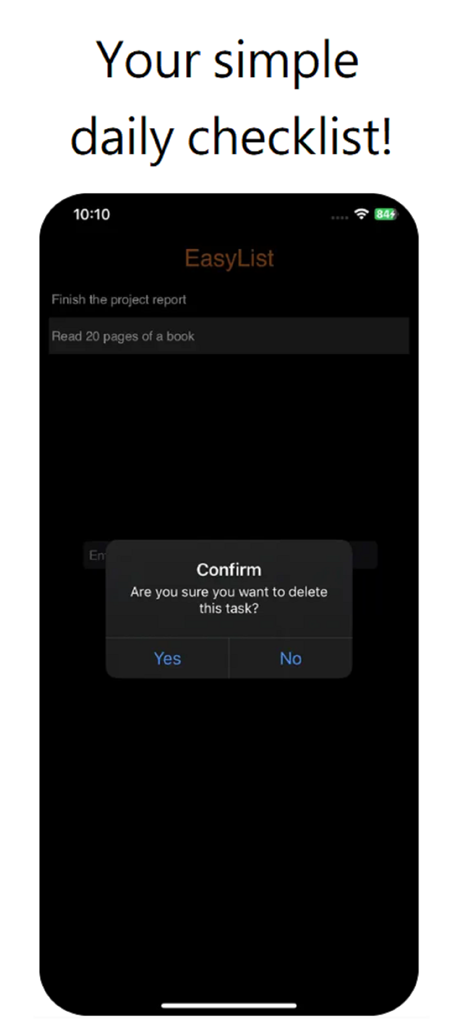 Interfaz de la aplicación EasyList que muestra una lista de tareas minimalista y un cuadro de diálogo de confirmación de eliminación de tarea