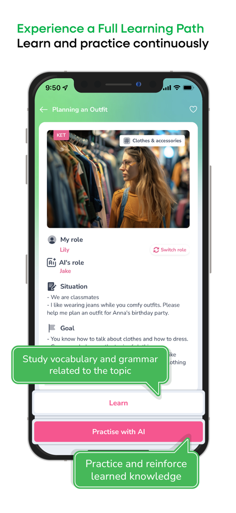Kyna English - A Kyna English app screen showing a personalized learning path with options to study vocabulary and practice speaking with an AI tutor.