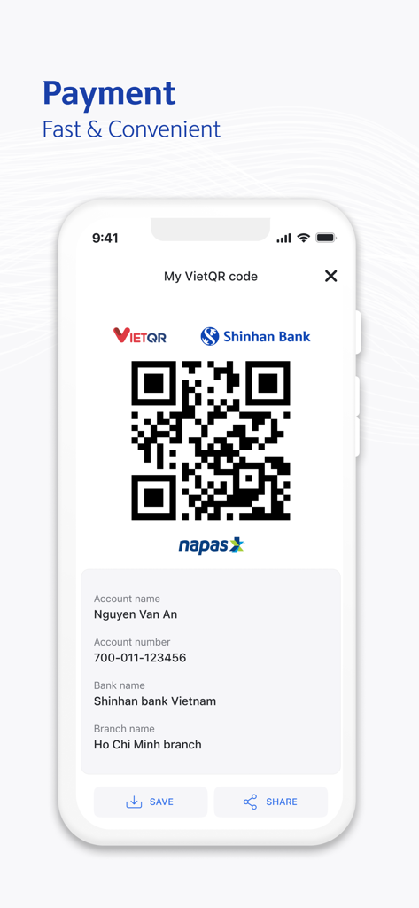 Shinhan SOL Vietnam - Shinhan SOL Vietnam app interface showing a VietQR code for fast and convenient payments with account information