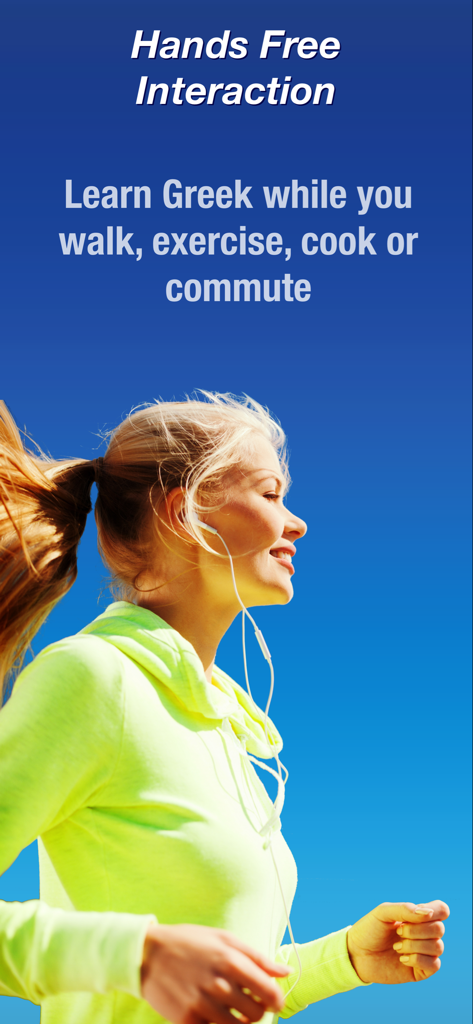 A woman exercising with headphones illustrating hands-free Greek language learning with the Nemo app