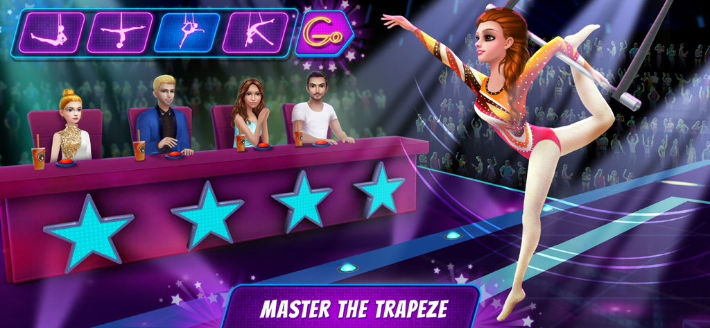 A female acrobat performing a routine on a trapeze in front of a panel of judges in a talent show competition.