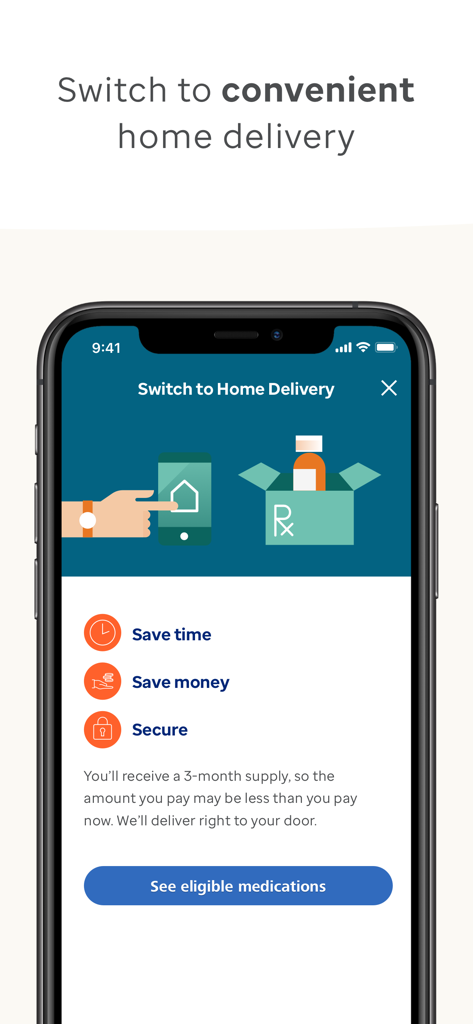 OptumRx mobile app screen promoting convenient home delivery for prescription medications with benefits like saving time and money