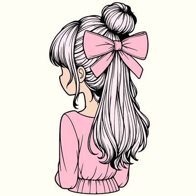 realistic girl  with hip length hair a bun and a big bow on the back of head