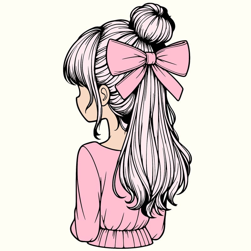realistic girl  with hip length hair a bun and a big bow on the back of head