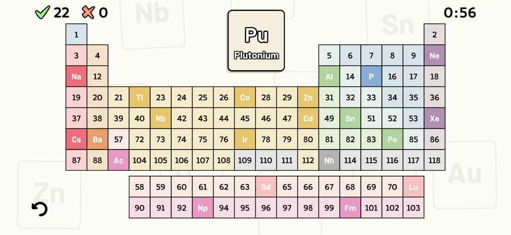 Gameplay screen of the Periodic Table Quiz app showing an interactive periodic table and a question for Plutonium