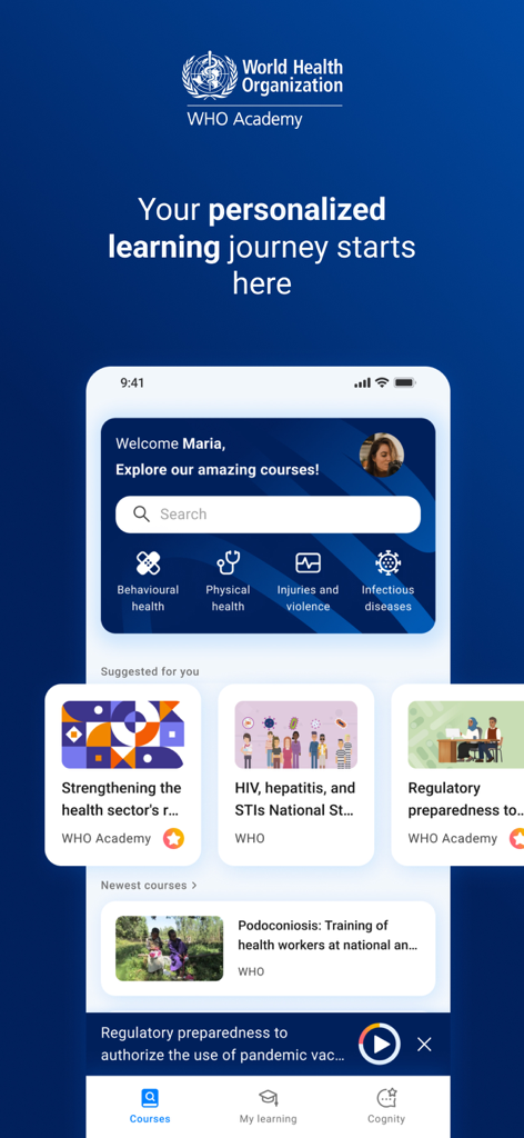 WHO Academy - WHO Academy mobile app home screen with personalized health courses