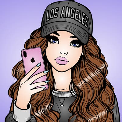 realistic beautiful girl wearing los ángeles cap holding an iphone