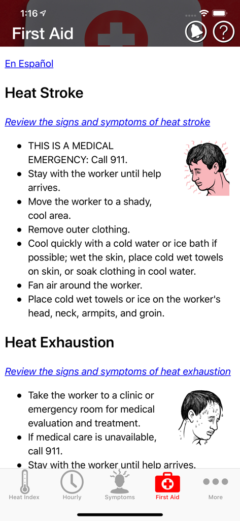 OSHA-NIOSH Heat Safety Tool - First aid instructions for heat stroke and heat exhaustion within the OSHA-NIOSH Heat Safety Tool mobile app