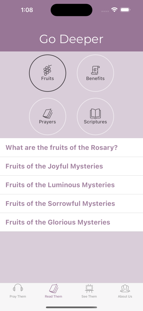 Rosary Army - Rosary Army app Go Deeper interface featuring categories for Fruits Benefits Prayers and Scriptures
