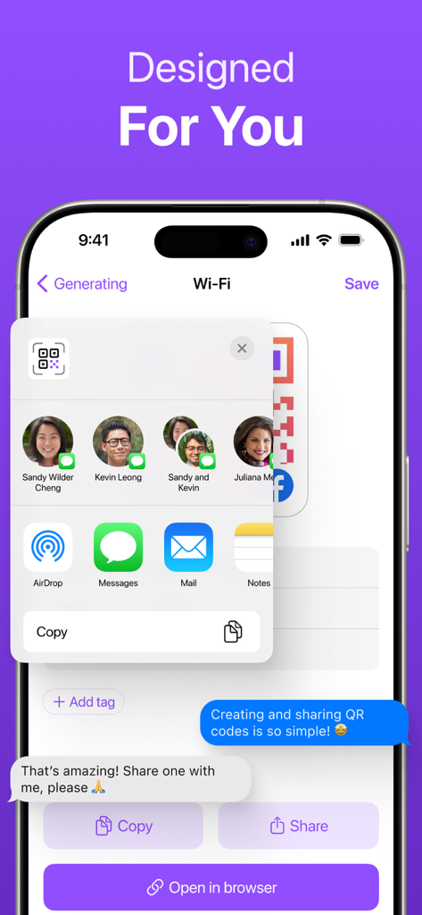 iPhone screen showing the share menu for a custom generated QR code with options for Messages Mail and AirDrop