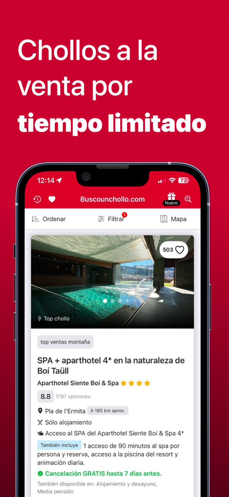 BuscoUnChollo.com - App BuscoUnChollo che mostra un'offerta hotel spa a tempo limitato.