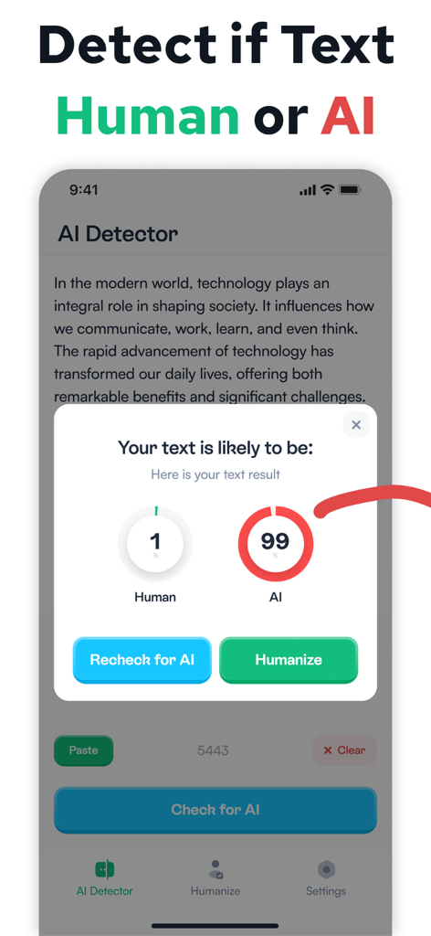 Undetectable AI - AI Detector - Interface de l'application de détection d'IA affichant un score d'IA de 99 % et l'option d'humanisation
