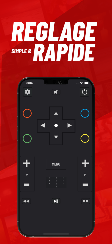 Télécommande box universelle - Universal TV remote app interface on an iPhone with simple setup text