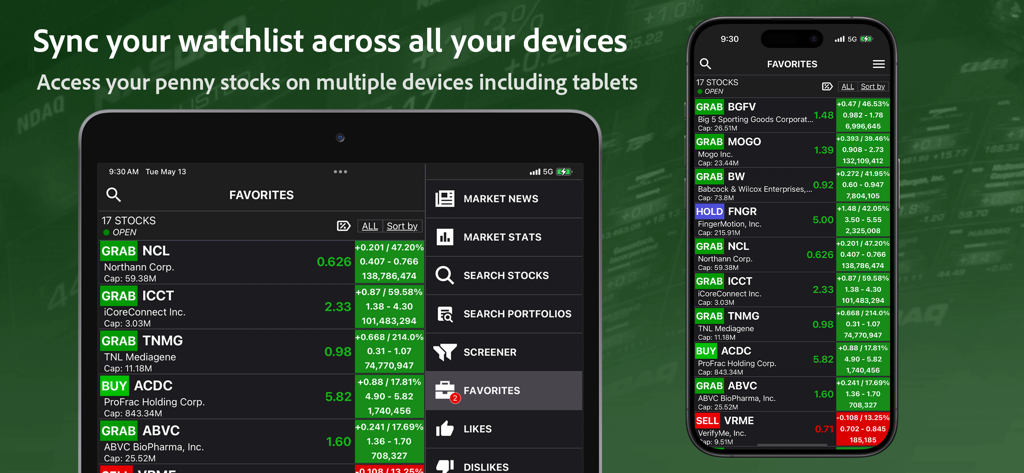 PennyGems app interface on iPhone and iPad showing a synced penny stock watchlist with color-coded buy and sell ratings.
