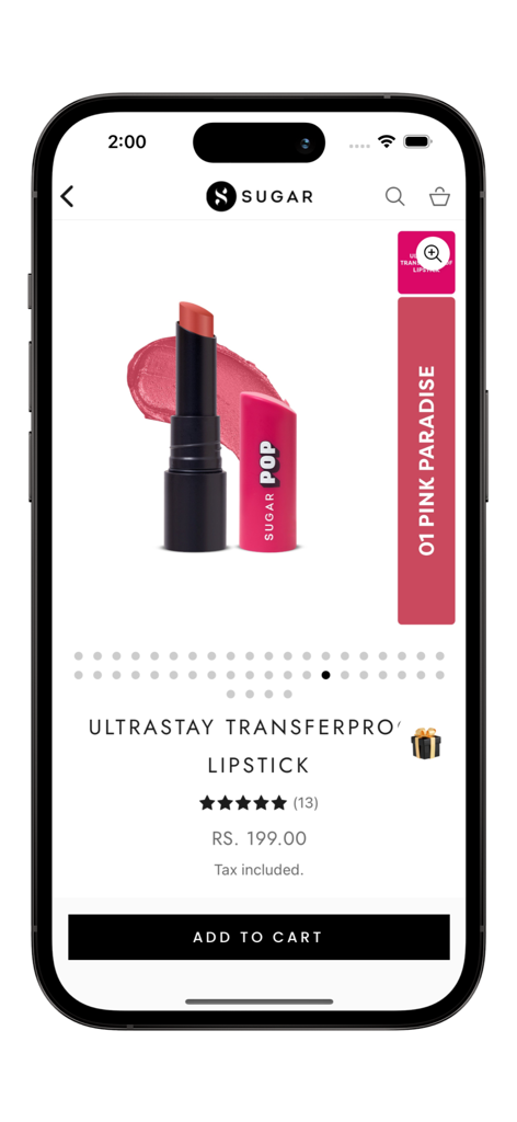 SUGAR Cosmetics - Product detail page of SUGAR Cosmetics app displaying the Ultrastay Transferproof Lipstick in Pink Paradise shade with an add to cart button.