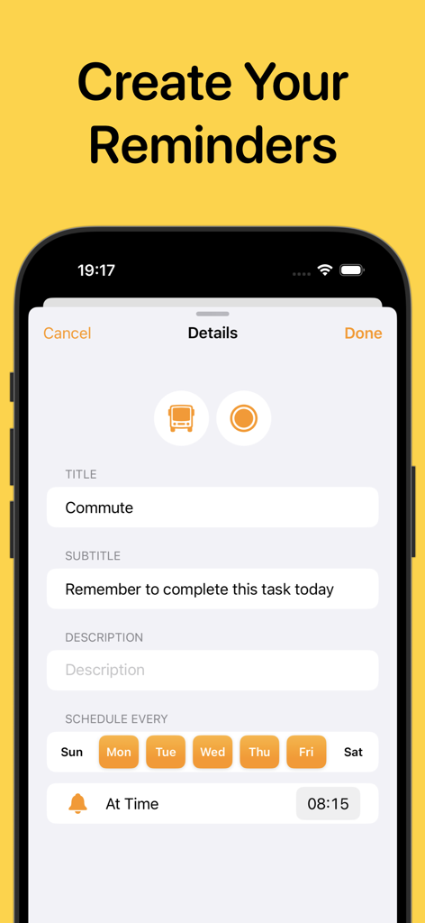 Reminders: Remind Things To Do - Una interfaz de usuario que muestra los detalles de un recordatorio de viaje programado para días laborables a las 8:15 a. m. dentro de la aplicación Recordatorios.