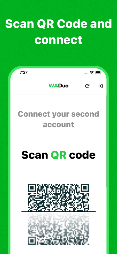 Dual Chat : Web Messenger Plus - Pantalla de una aplicación móvil que muestra un código QR para conectar una segunda cuenta de mensajería.