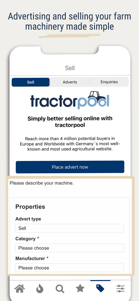 tractorpool - Interfaz de la app tractorpool para listar maquinaria agrícola y tractores usados en venta.