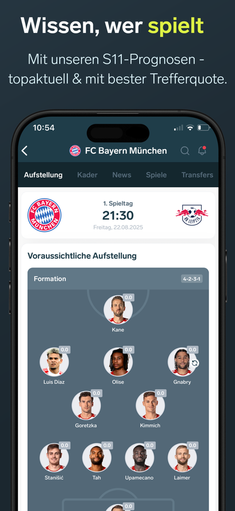 LigaInsider Plus - LigaInsider Plus app displaying a predicted starting lineup for a Bayern Munich match
