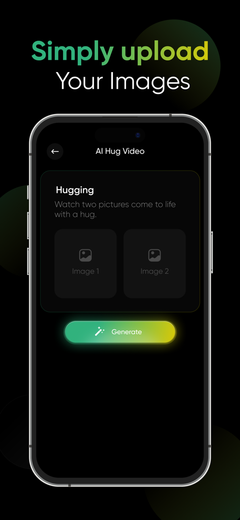 AI Hug Video Maker - HugMe - Interface of the AI Hug Video Maker app showing two photo upload slots and a generate button for creating a hug animation.