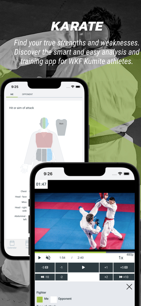 WKF組手アスリート向けの空手ビデオ試合分析とヒットターゲット図を表示するAthlete Analyzerモバイルアプリの画面。