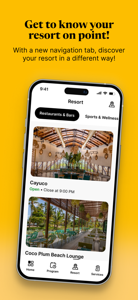 My Club Med - Interfaz de la app Mi Club Med en un iPhone que muestra las instalaciones del resort, incluidos restaurantes y salones de playa.
