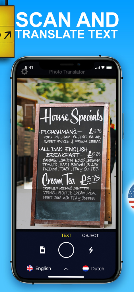Translate Snap app camera interface scanning a restaurant chalkboard menu