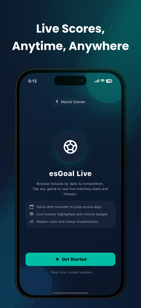 Crickly: Football Live Matches - Interfaz de la aplicación Crickly de marcadores de fútbol en vivo que muestra funciones como el centro de partidos y actualizaciones en vivo