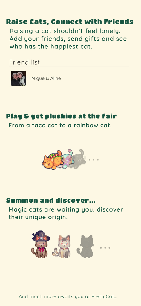 PrettyCat: couple game - A feature overview of PrettyCat showing the friend list, plushie cats from the fair, and magic cats to summon.