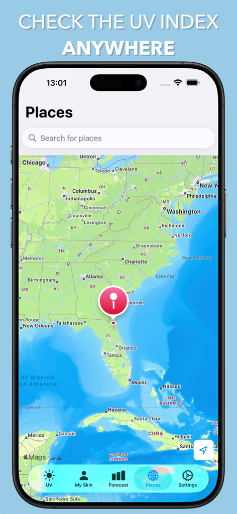 Benutzeroberfläche der UV-Index-Widget App mit einer Karte der Vereinigten Staaten und einer Standortmarkierung zur Überprüfung der Sonnenexposition.