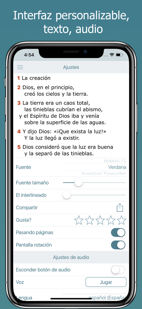 La Biblia NVI - Bible en Audio - Settings screen of La Biblia NVI app showing text customization options for font size and audio settings