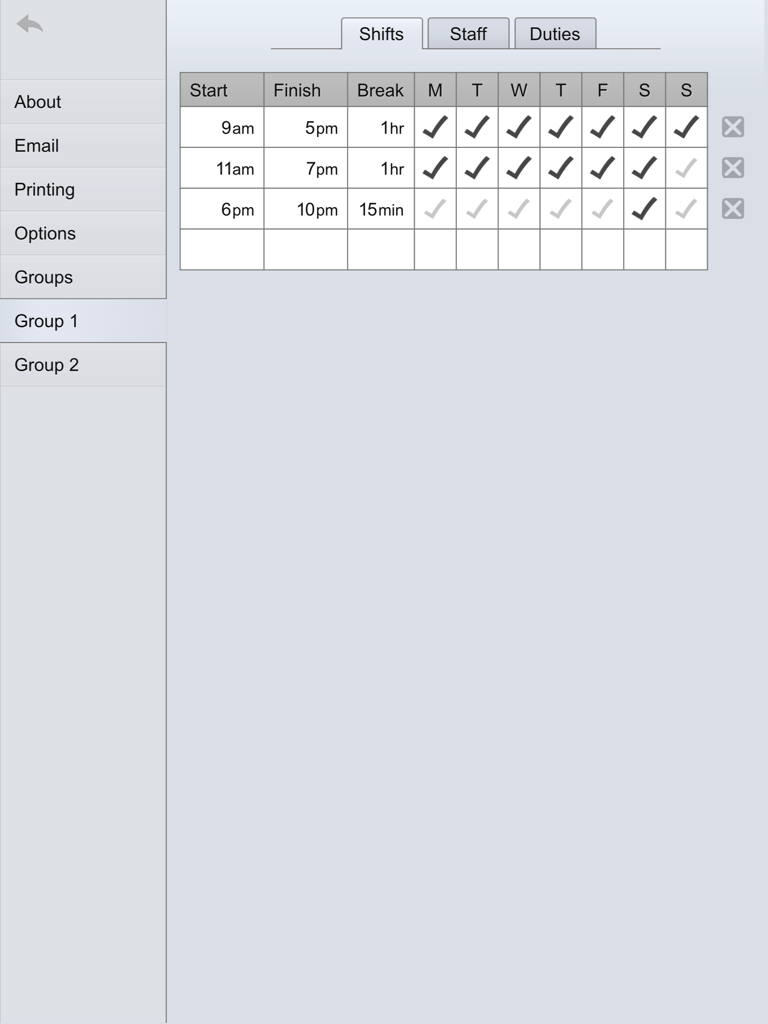 Shifty - Interface of Shifty app for setting up employee shift patterns on an iPad